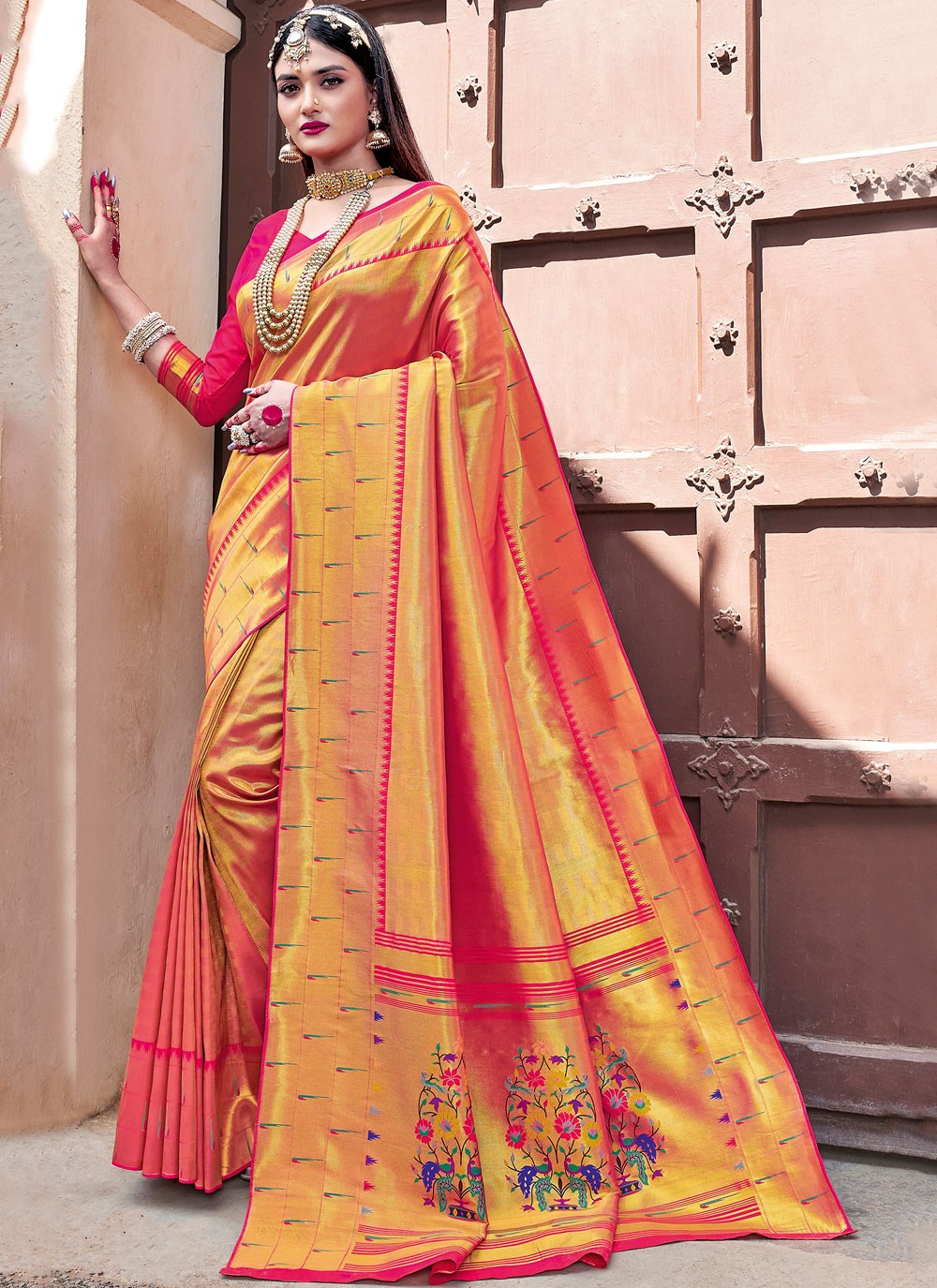 Designer Traditional Saree Weaving Silk in Pink and Yellow