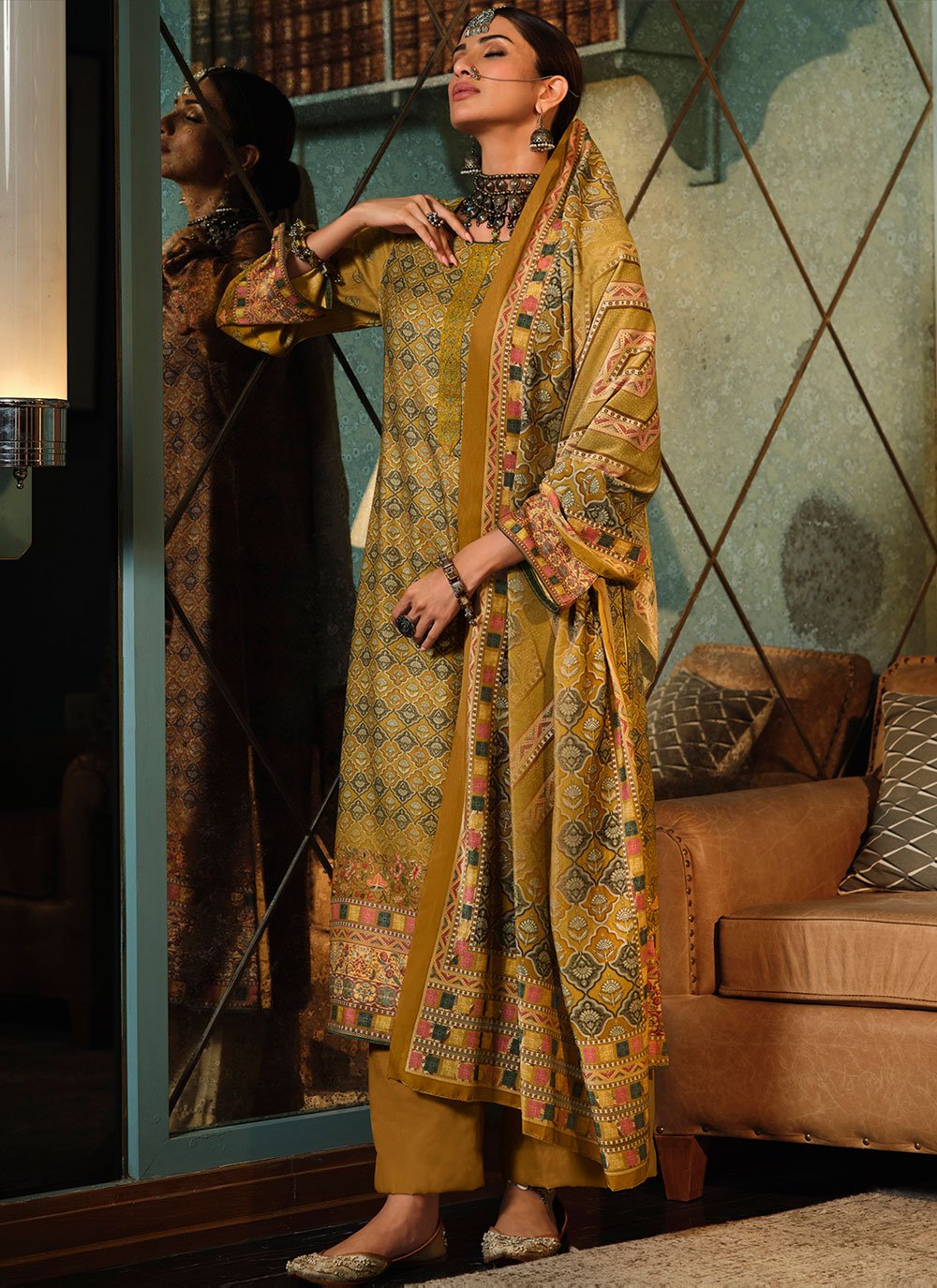 Digital Print Pashmina Gold Designer Pakistani Suit