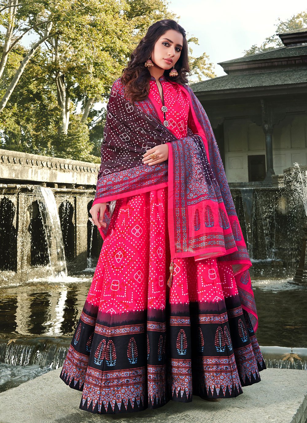 Digital Print Silk Hot Pink Readymade Anarkali Salwar Suit