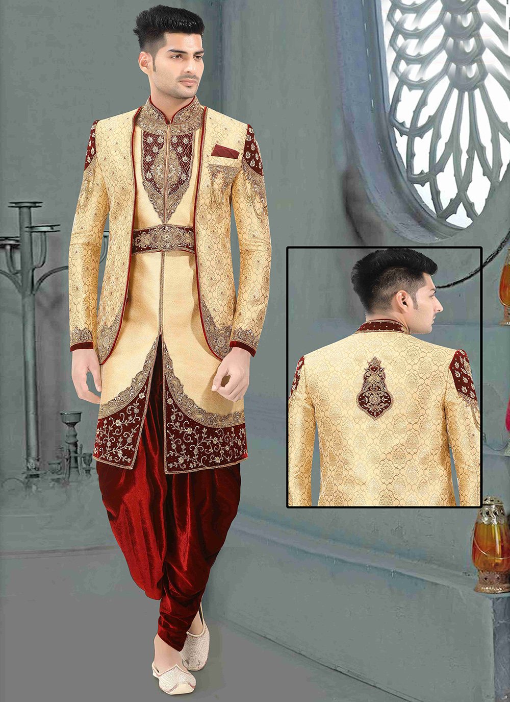 Dupion Silk Embroidered Beige Sherwani