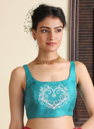 Dupion Silk Embroidered Blouse in Aqua Blue