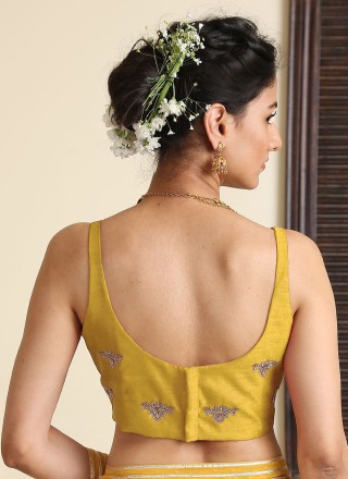 Dupion Silk Embroidered Designer Blouse in Yellow