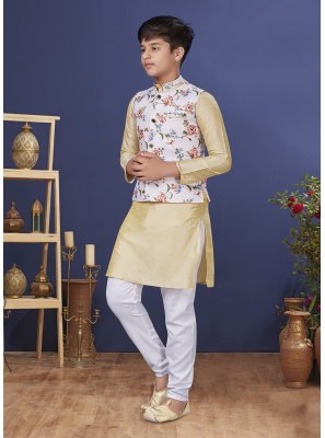 Dupion Silk Kurta Payjama With Jacket in Yellow