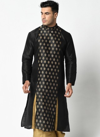 Dupion Silk Weaving Kurta in Black