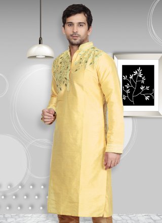 Dupion Silk Yellow Embroidered Kurta