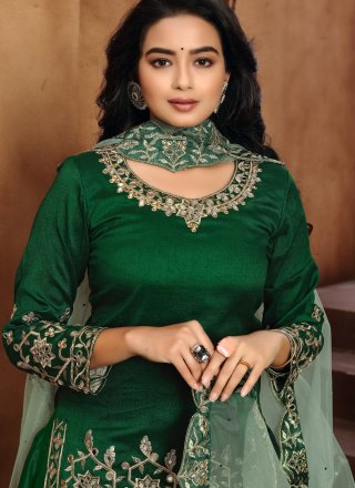 Embroidered Art Silk Designer Patiala Suit in Green