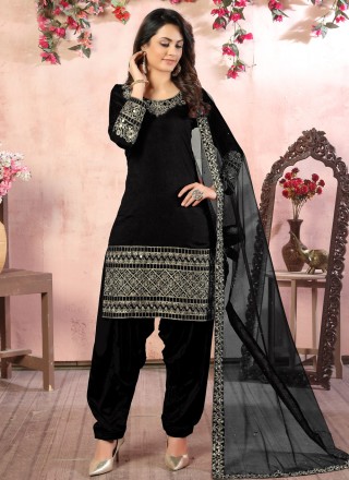 Embroidered Black Designer Patiala Suit 