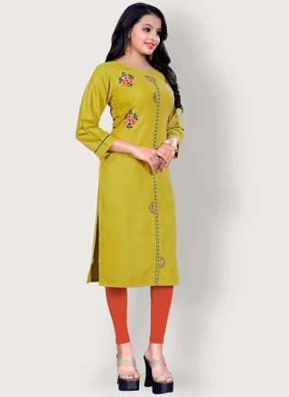 Embroidered Blended Cotton Party Wear Kurti in Green
