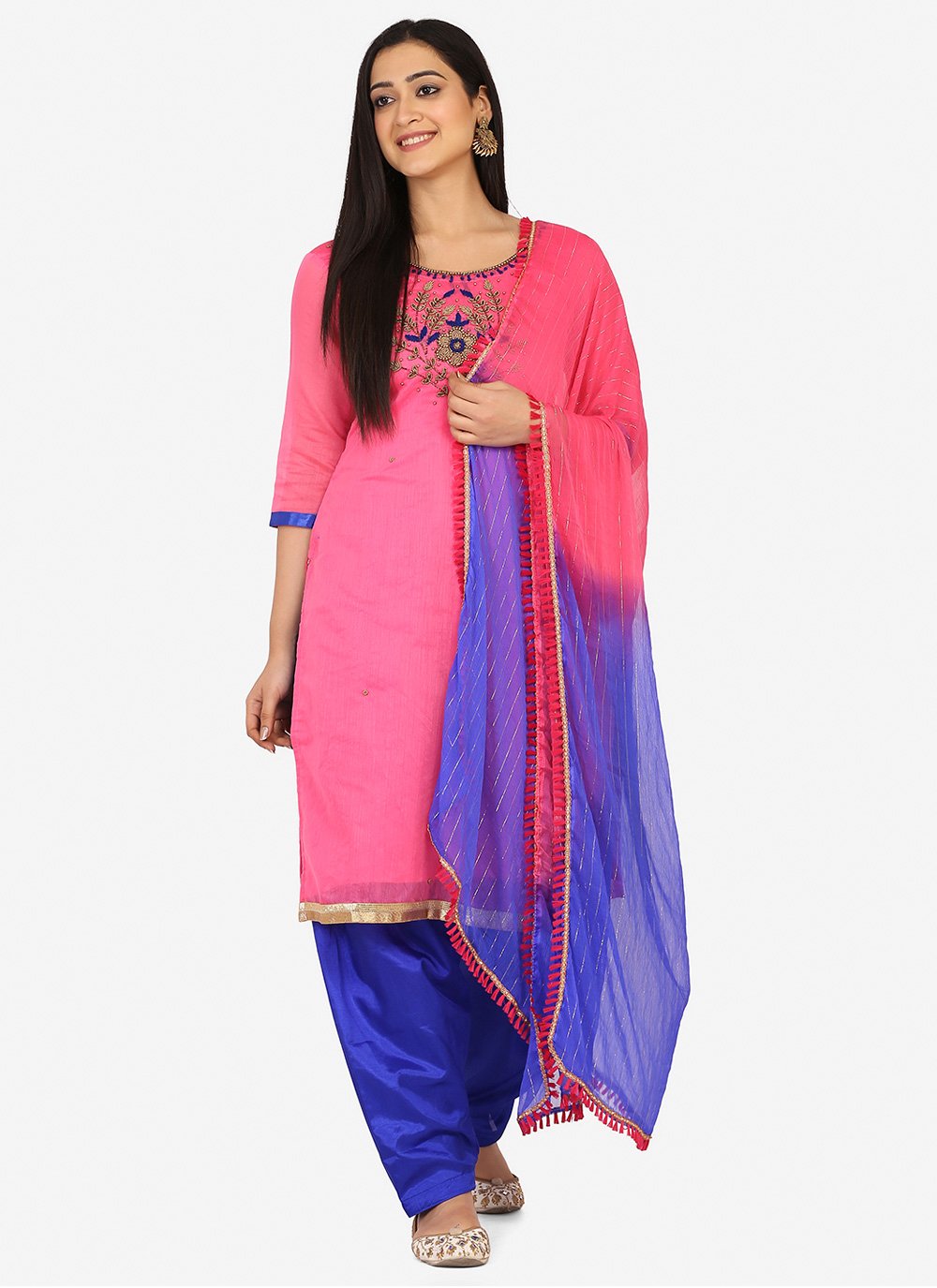 Embroidered Blended Cotton Patiala Suit in Pink