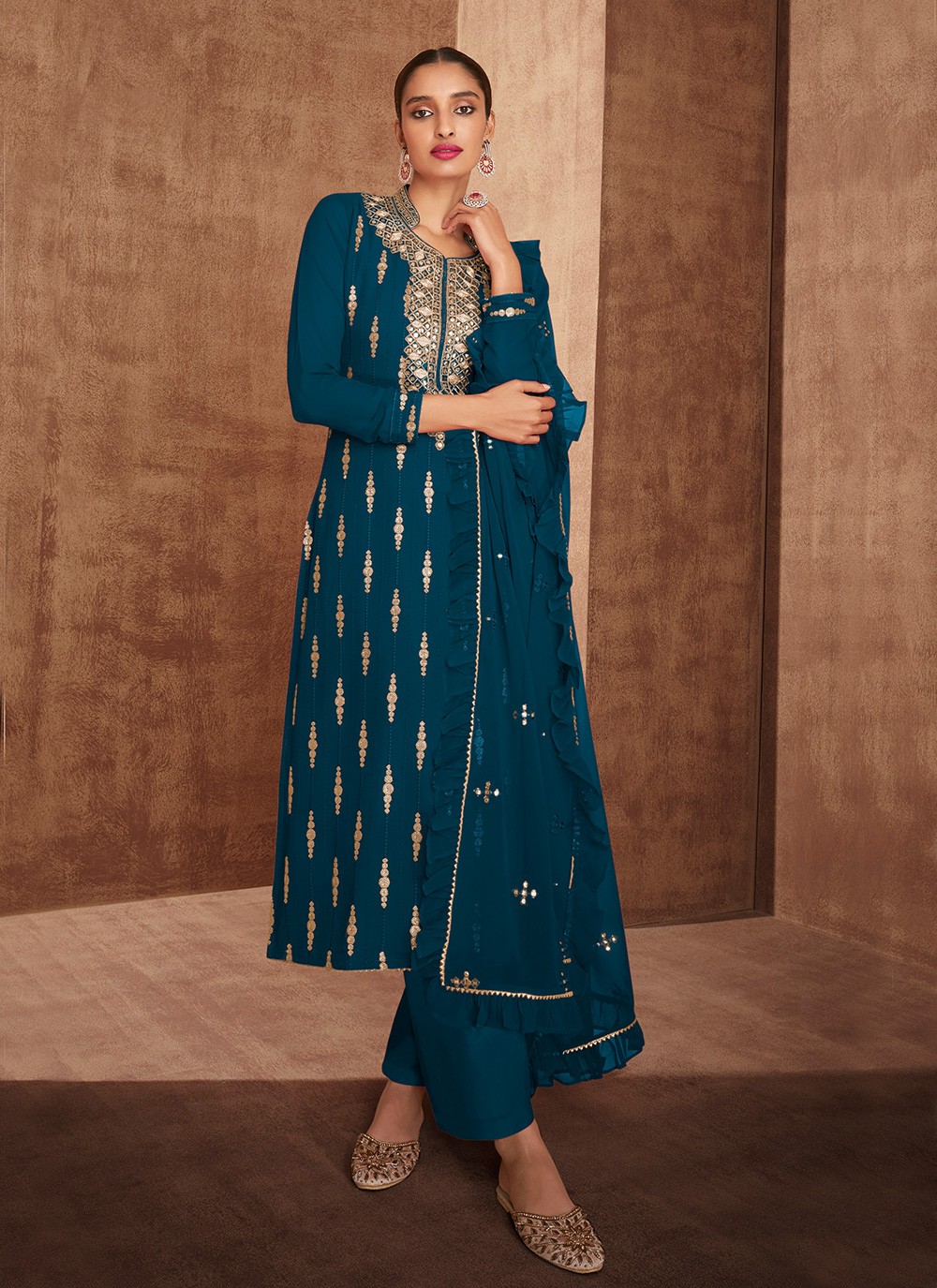 Embroidered Blue Faux Georgette Pant Style Suit