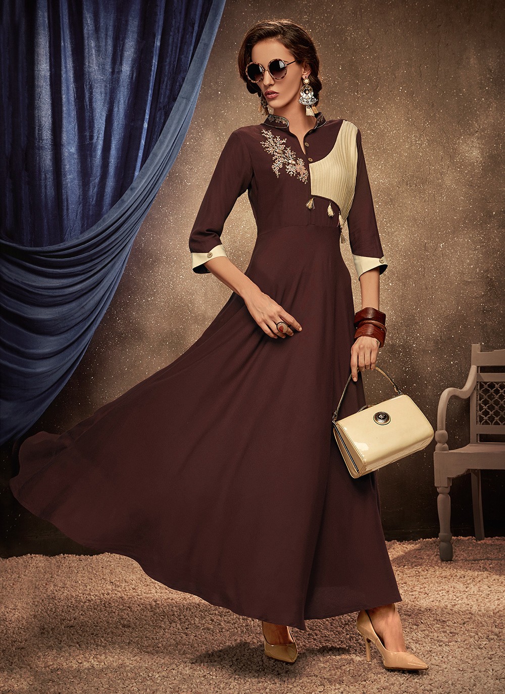 Embroidered Brown Party Wear Kurti