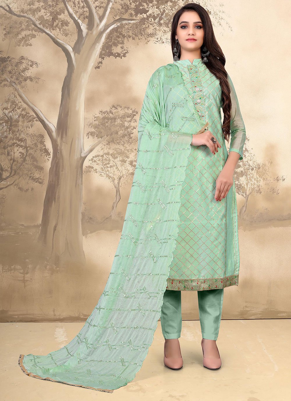 Embroidered Chanderi Pant Style Suit