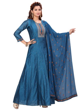 Embroidered Chanderi Readymade Suit in Blue