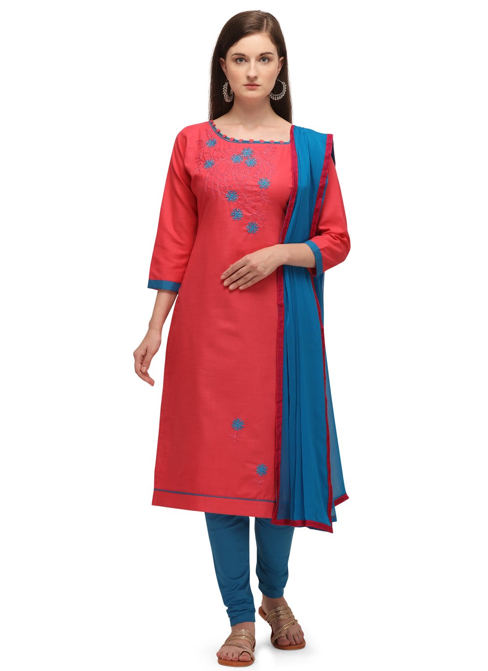 Embroidered Cotton Churidar Designer Suit in Red