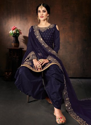 Embroidered Cotton Designer Patiala Suit in Navy Blue