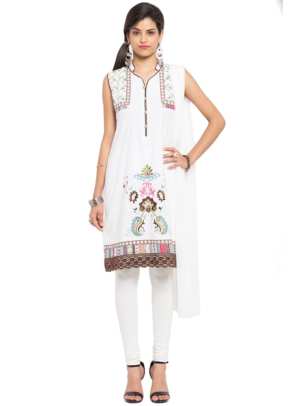 Embroidered Cotton Off White Readymade Churidar Salwar Kameez
