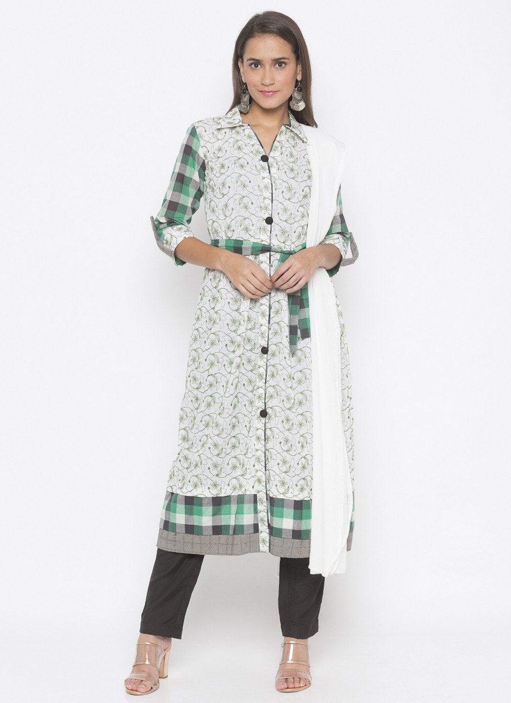Embroidered Cotton Pant Style Suit in Off White