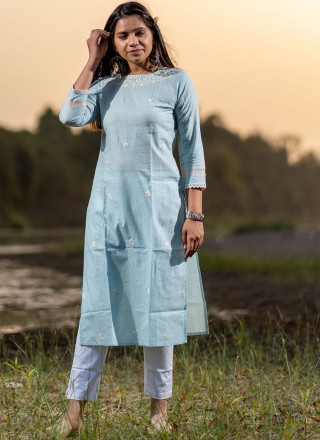 Embroidered Cotton Party Wear Kurti in Aqua Blue