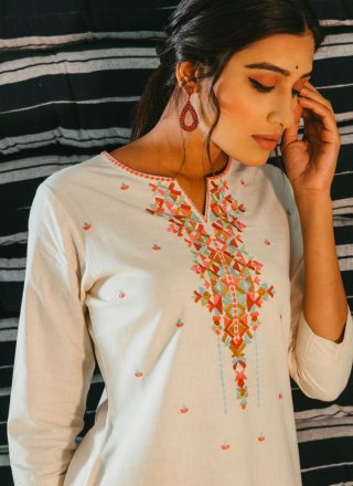 Embroidered Cotton Party Wear Kurti in Cream
