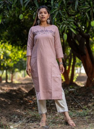 Embroidered Cotton Party Wear Kurti in Pink
