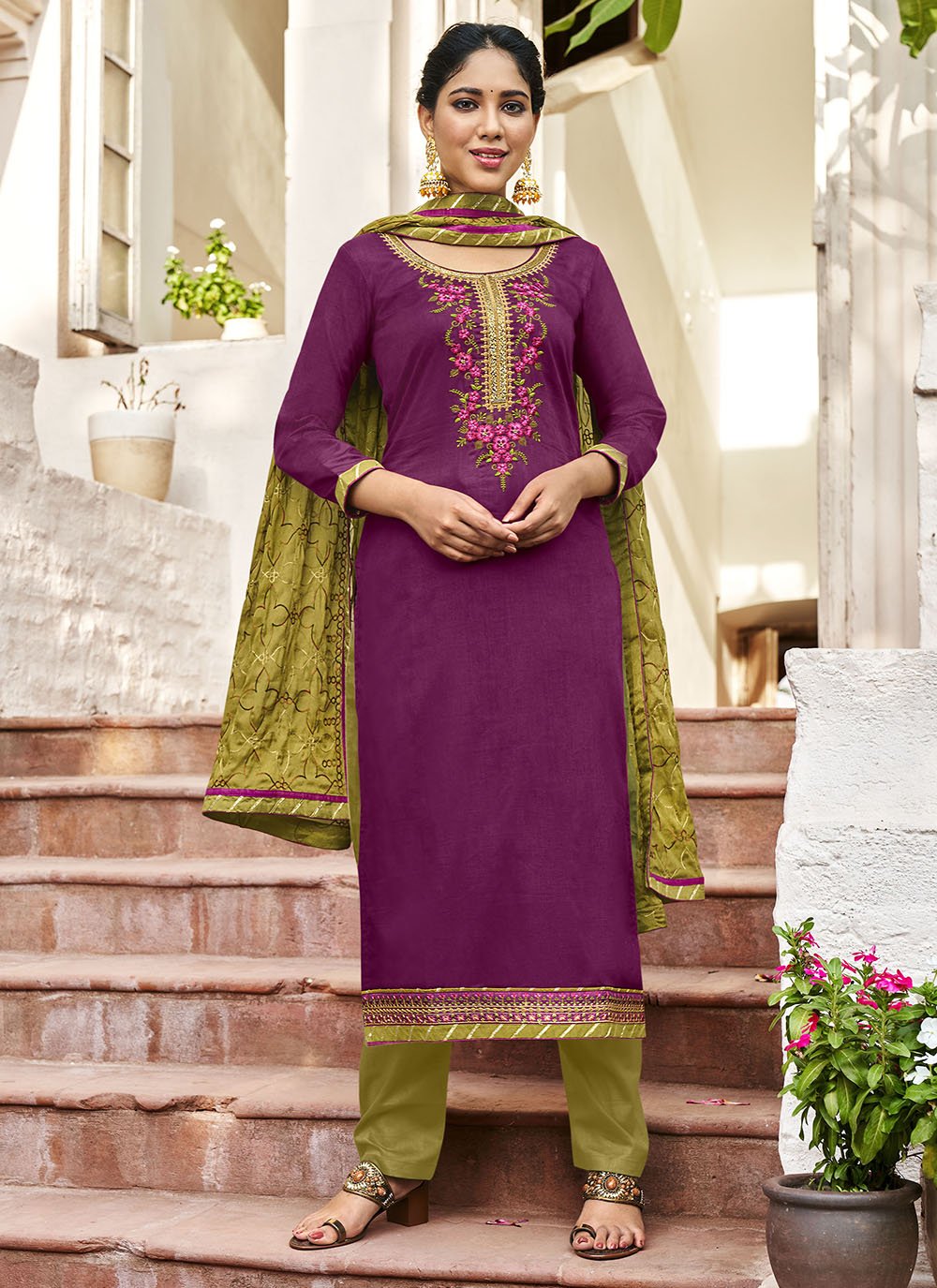 Embroidered Cotton Satin Violet Pant Style Suit