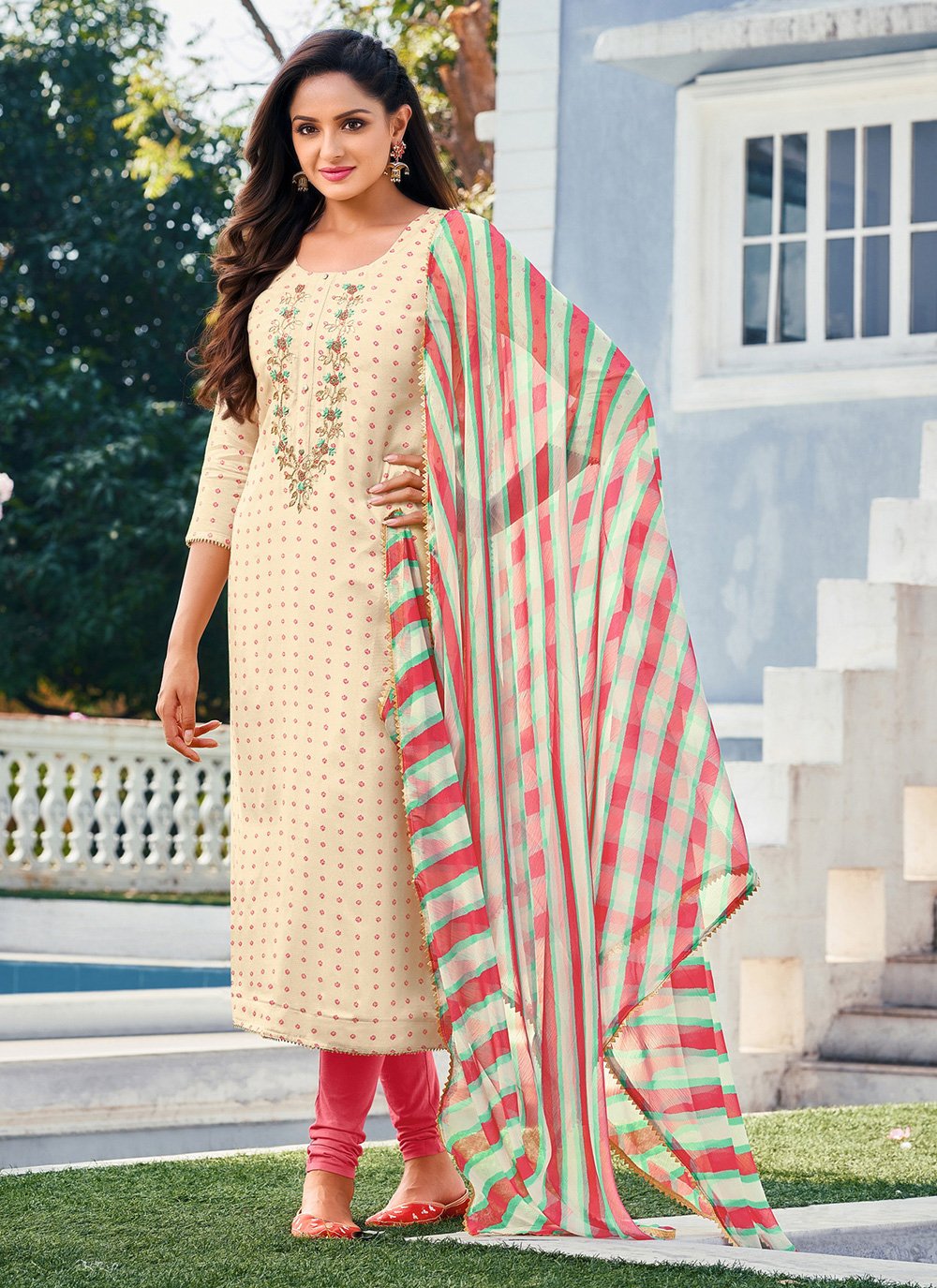 Beige Cotton Churidar Designer Suit