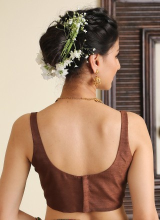 Embroidered Dupion Silk Blouse in Brown