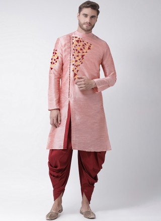 Embroidered Dupion Silk Dhoti Kurta in Pink