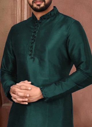 Embroidered Dupion Silk Kurta Pyjama in Green