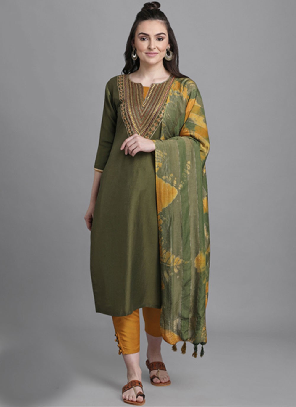 Embroidered Faux Chiffon Pant Style Suit in Green
