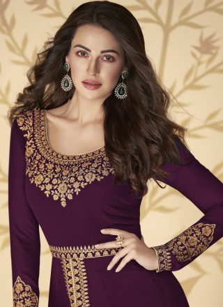 Embroidered Faux Georgette Anarkali Suit in Purple