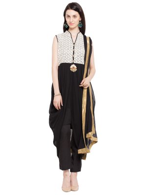 Embroidered Faux Georgette Black Readymade Salwar Kameez