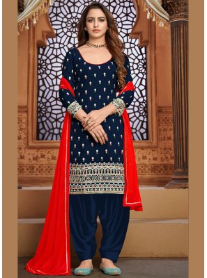 Embroidered Faux Georgette Blue Designer Patiala Suit