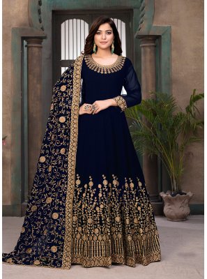 Embroidered Faux Georgette Blue Floor Length Anarkali Suit
