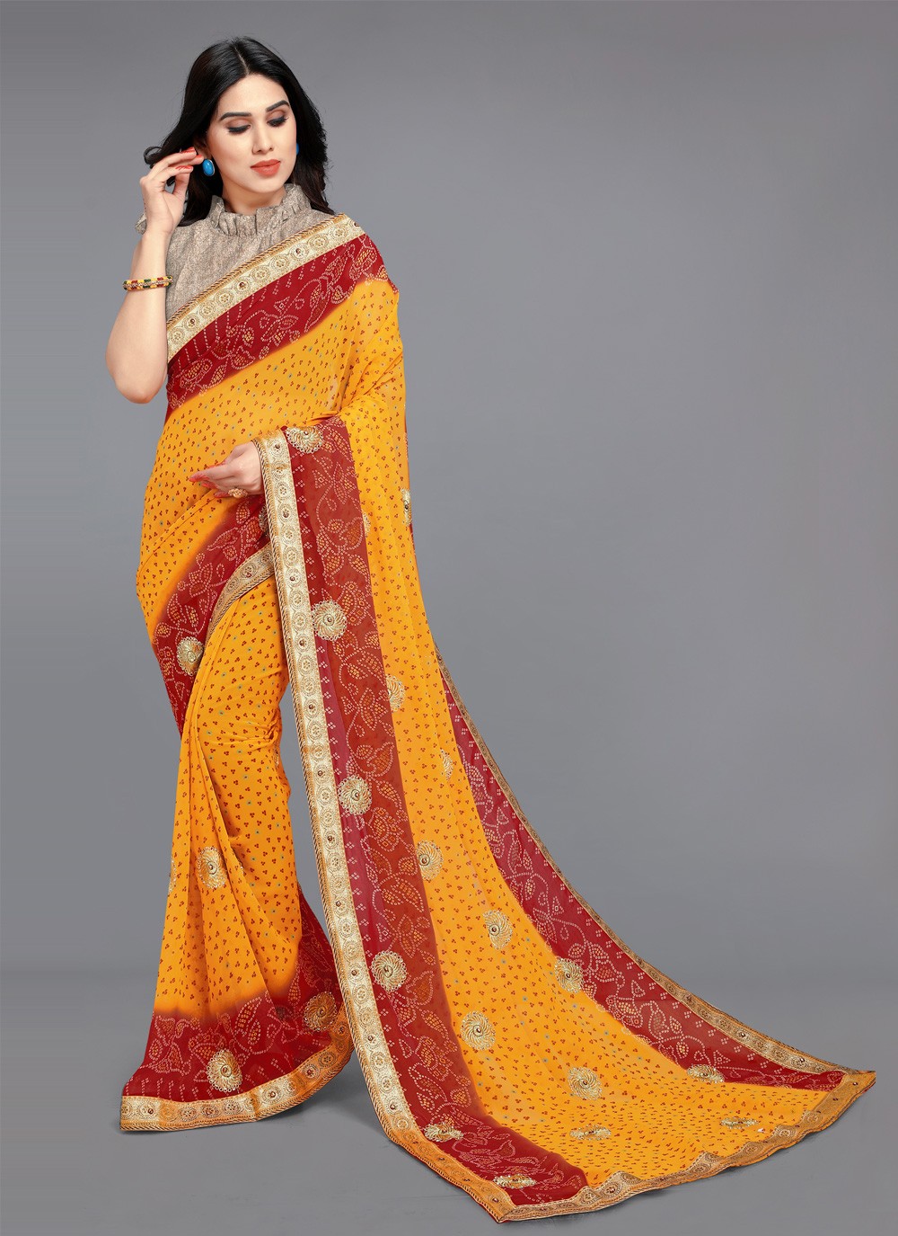 Embroidered Faux Georgette Classic Designer Saree in Mustard and Red