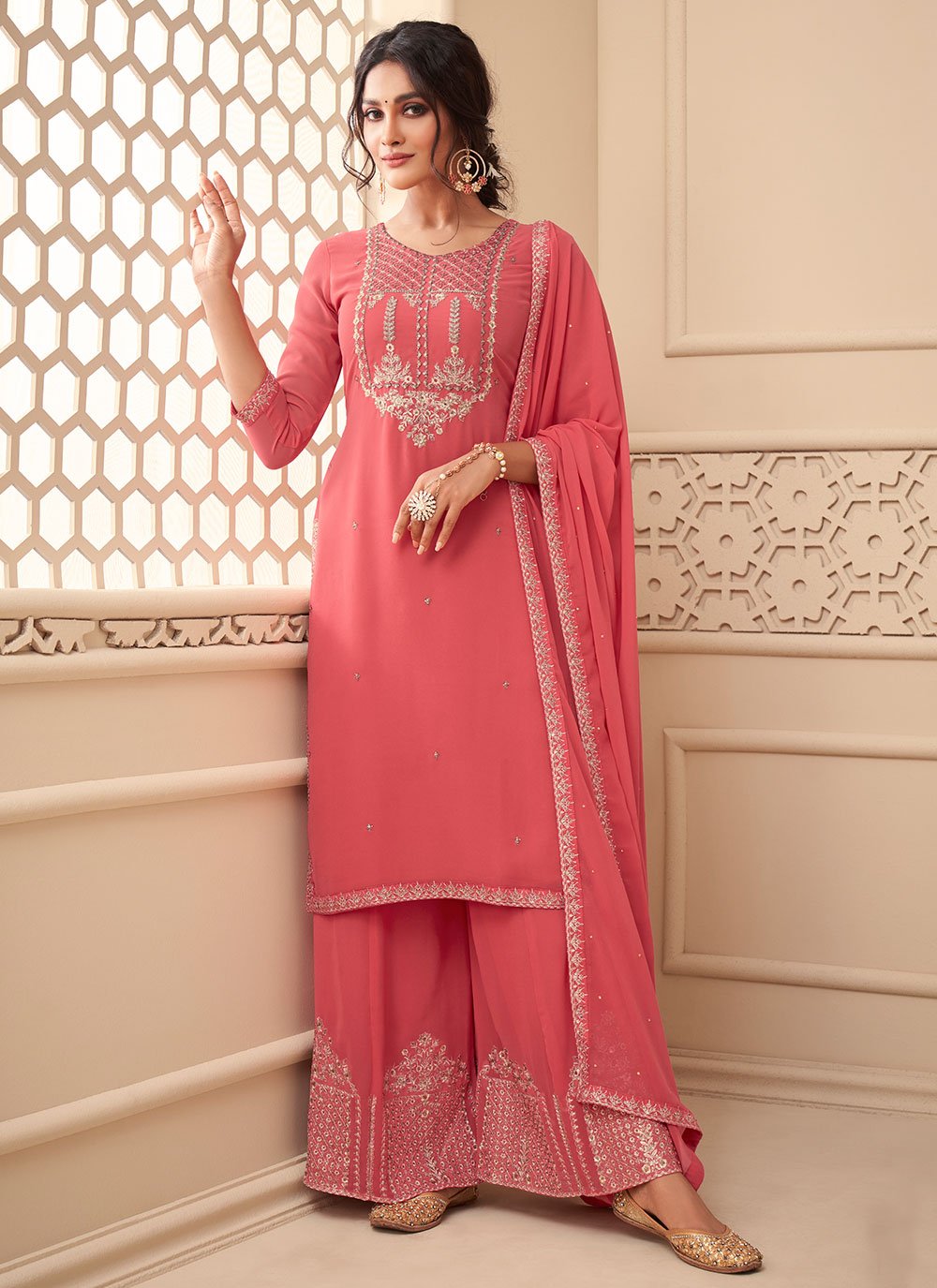 Setting Unexpected double Buy Embroidered Faux Georgette Designer Pakistani Salwar Suit in Pink :  201805 -