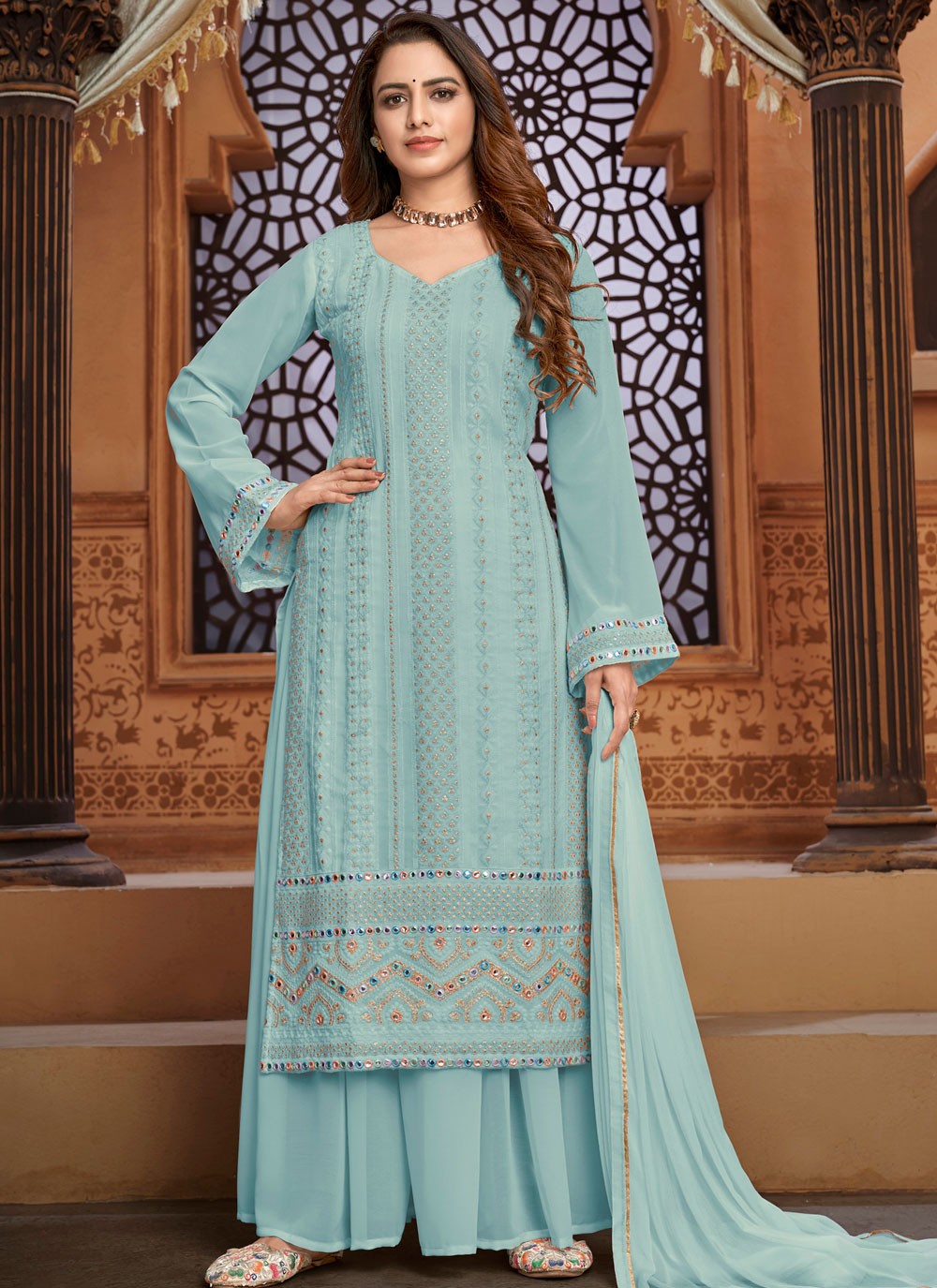 Embroidered Faux Georgette Designer Pakistani Salwar Suit in Sea Green
