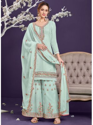 Embroidered Faux Georgette Designer Pakistani Suit in Blue
