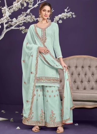 Embroidered Faux Georgette Designer Pakistani Suit in Blue