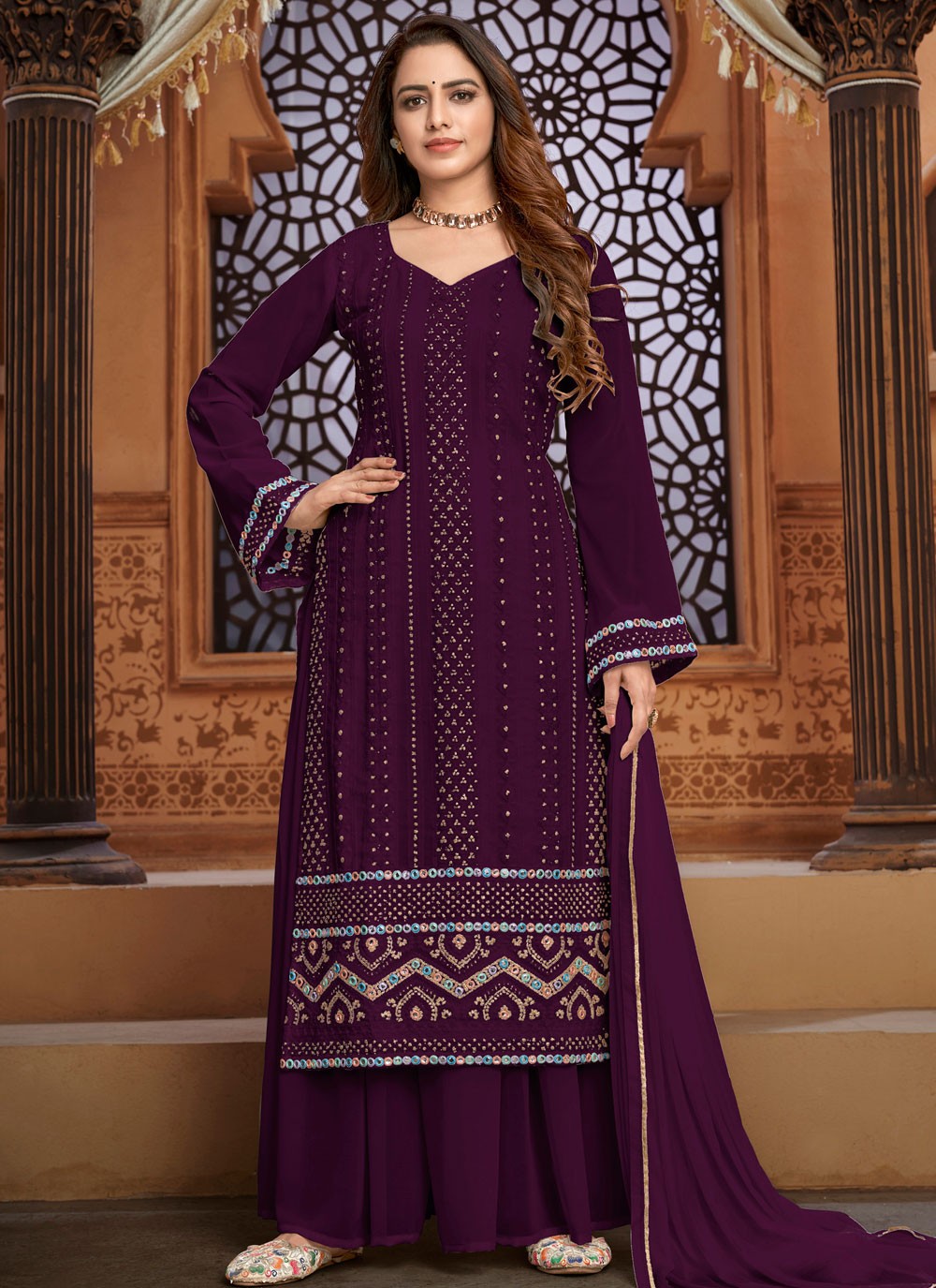 Embroidered Faux Georgette Designer Pakistani Suit in Purple