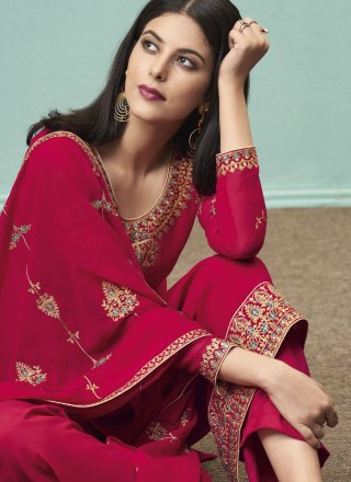 Embroidered Faux Georgette Designer Pakistani Suit in Rani
