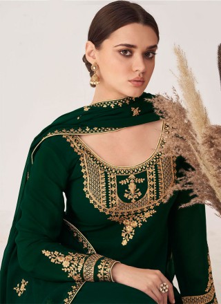 Embroidered Faux Georgette Designer Palazzo Suit in Green