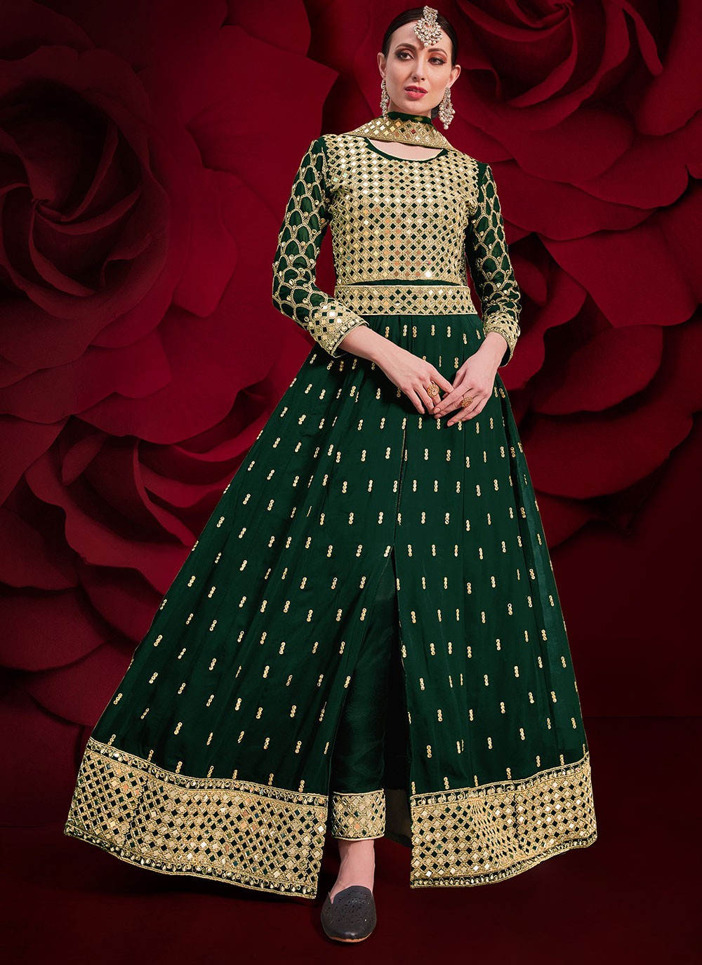Embroidered Faux Georgette Floor Length Anarkali Suit in Green