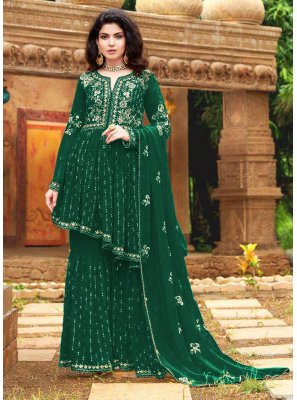 Embroidered Faux Georgette Green Designer Palazzo Suit