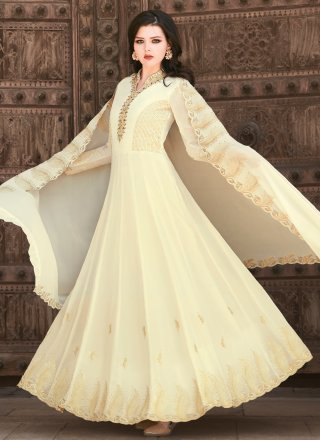 Embroidered Faux Georgette Off White Floor Length Anarkali Suit