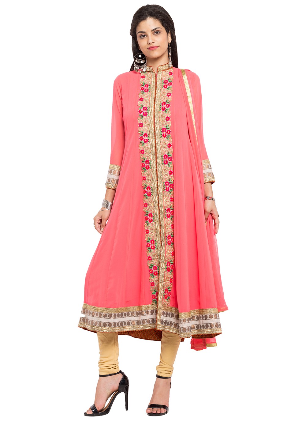 Embroidered Faux Georgette Readymade Anarkali Salwar Suit in Pink