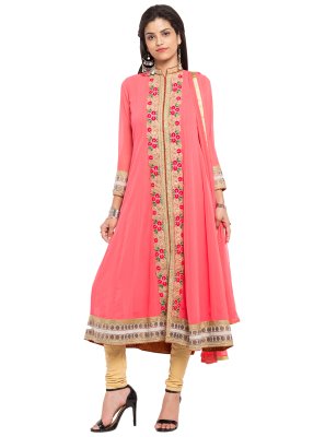 Embroidered Faux Georgette Readymade Anarkali Salwar Suit in Pink