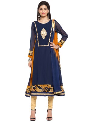 Embroidered Faux Georgette Readymade Churidar Salwar Kameez in Blue