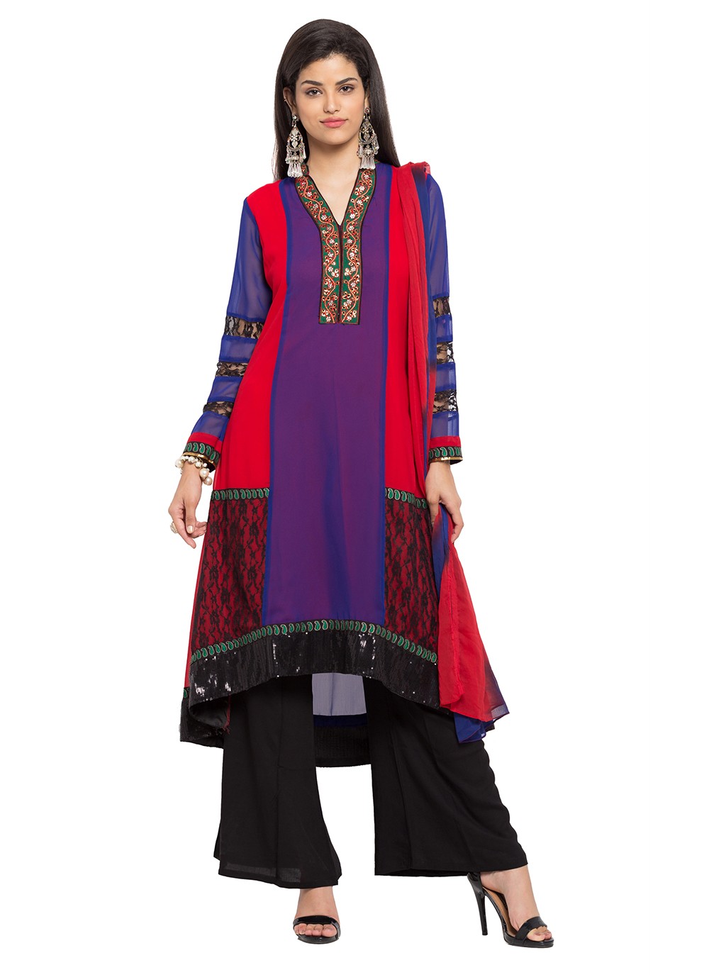 Embroidered Faux Georgette Readymade Salwar Kameez in Purple