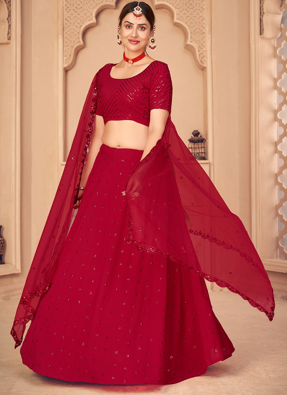 Buy Embroidered Faux Georgette Red ...